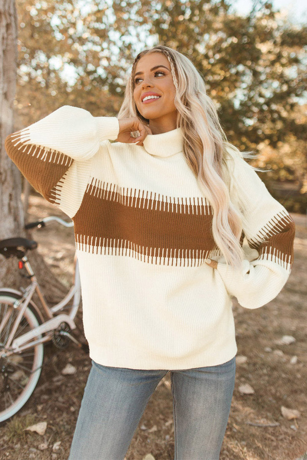 White Printed Patchwork Turtle Neck Knitted Sweater