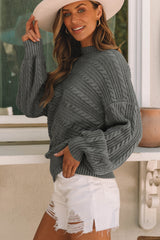 Gray Mock Neck Lantern Sleeve Cable Knit Sweater