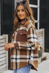 Brown Pocketed Buttoned Plaid Shirt Jacket