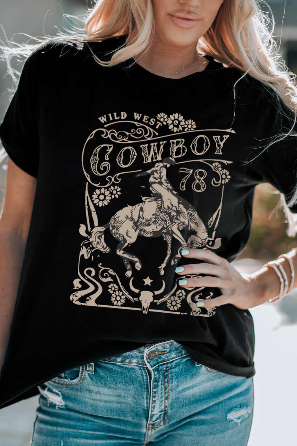 Black Western COWBOY 78 Graphic Crew Neck T Shirt