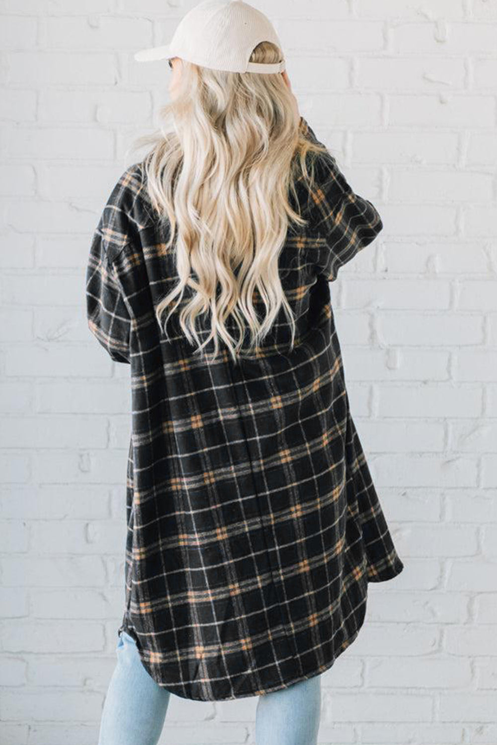 Black Plaid Button Front Pocketed Long Shacket
