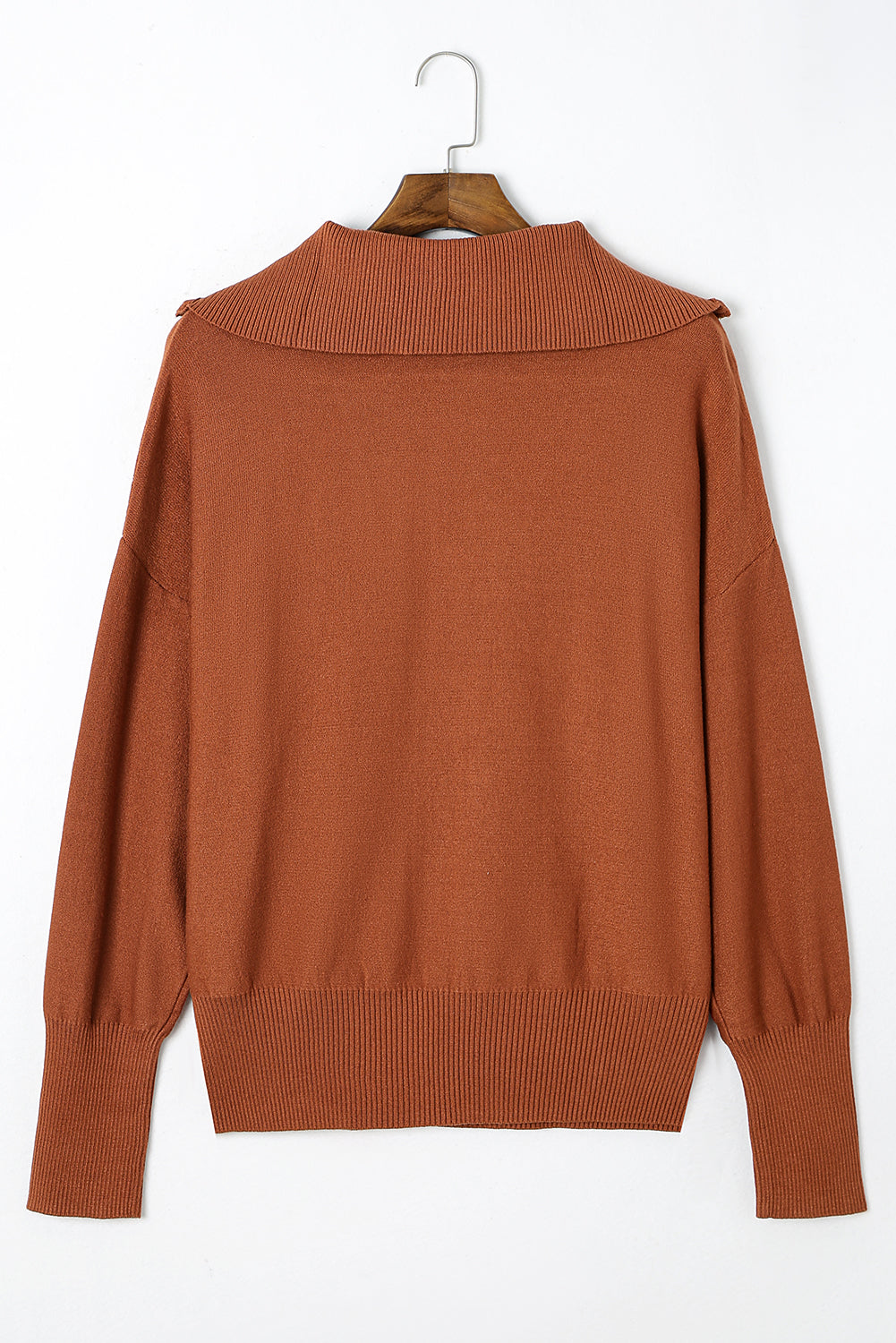 Brown Solid Ribbed Trim Plus Size Zip Collar Sweater