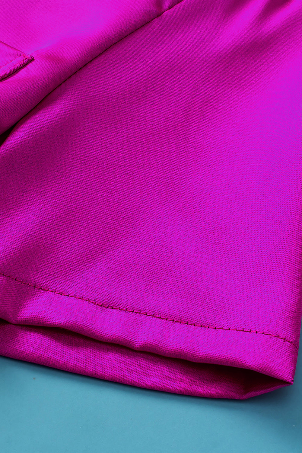 Bright Pink Satin V Neck Tee and Drawstring Shorts Set