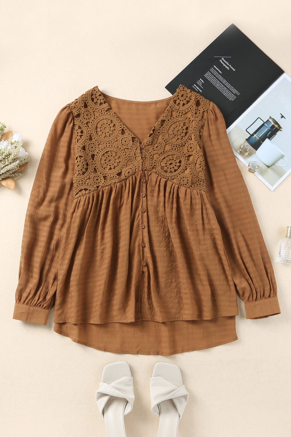 Brown Lace Crochet Buttoned V Neck Babydoll Top
