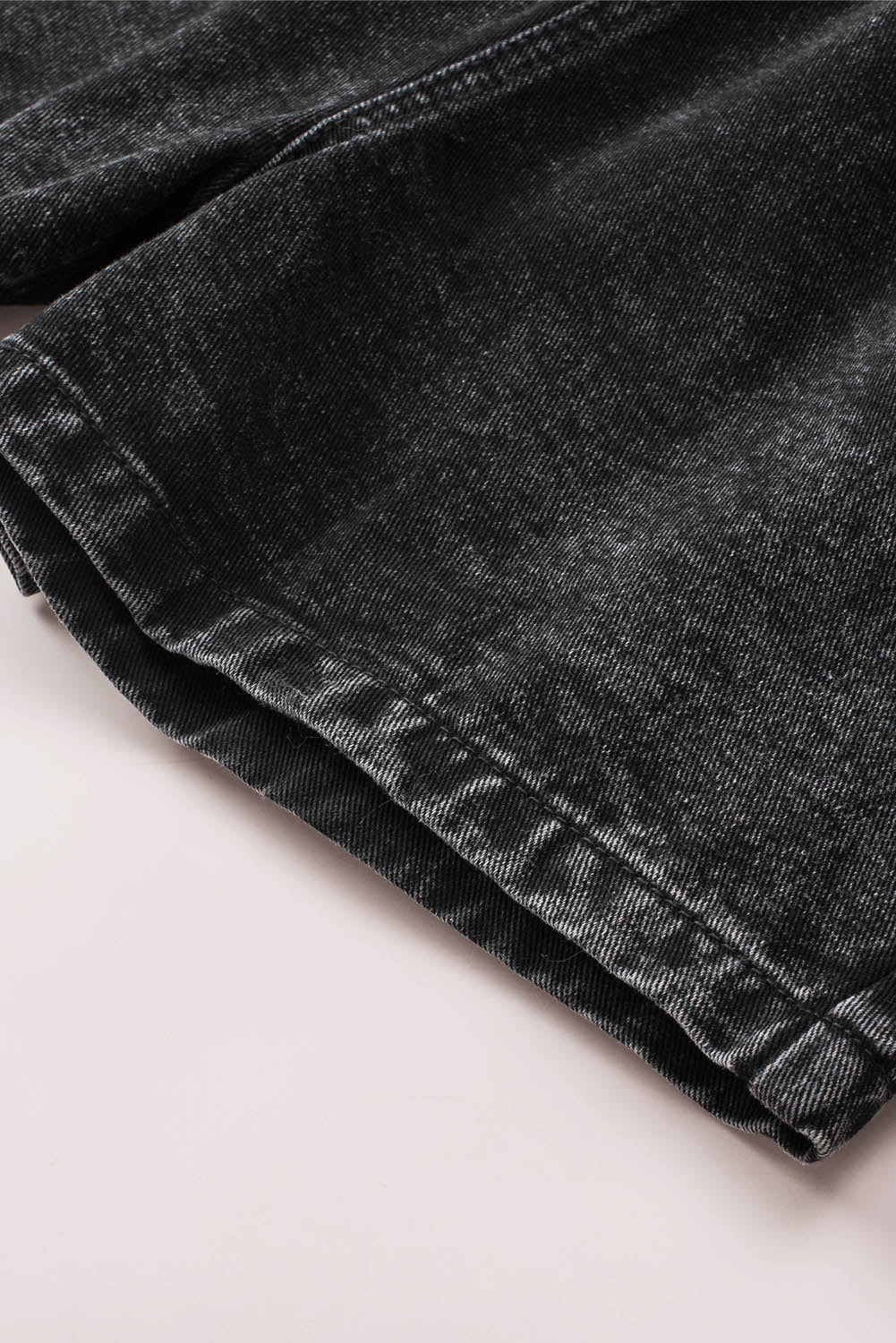 Black Retro Bleach-washed Ruffled Elastic High Waist Denim Shorts