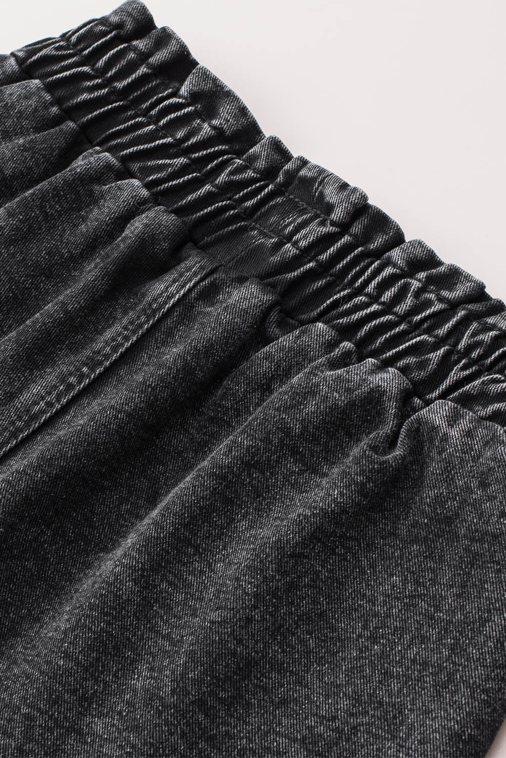 Black Retro Bleach-washed Ruffled Elastic High Waist Denim Shorts