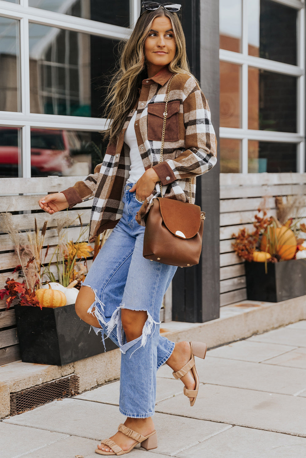 Brown Pocketed Buttoned Plaid Shirt Jacket