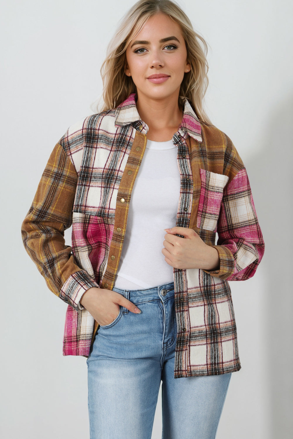 Brown Plaid Print Snap Button Long Sleeve Jackets with Pocket