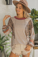 Khaki Leopard Serape Patchwork Exposed Stitching Pullover Top