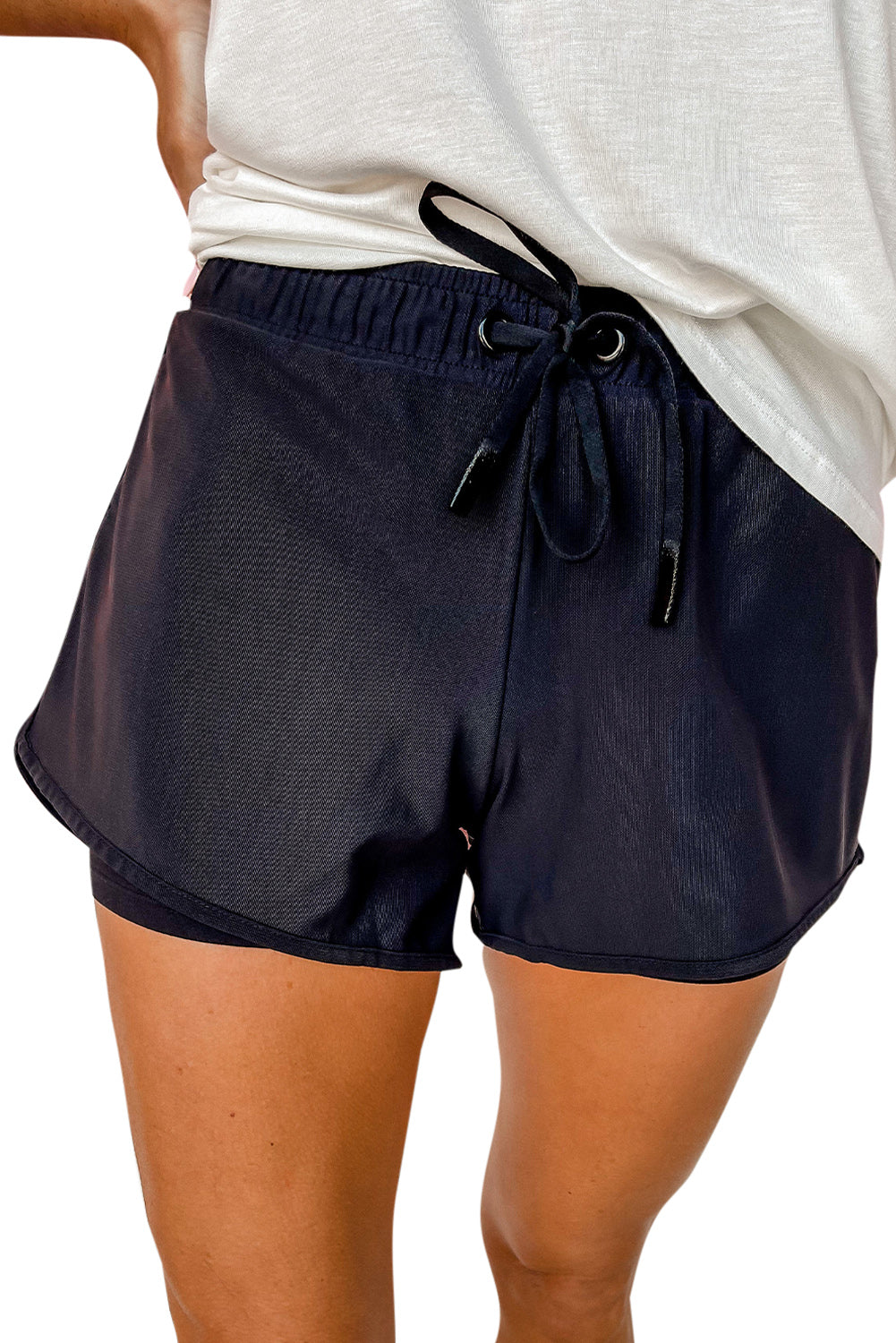 Black Mesh Double-layered Drawstring High Waist Active Shorts