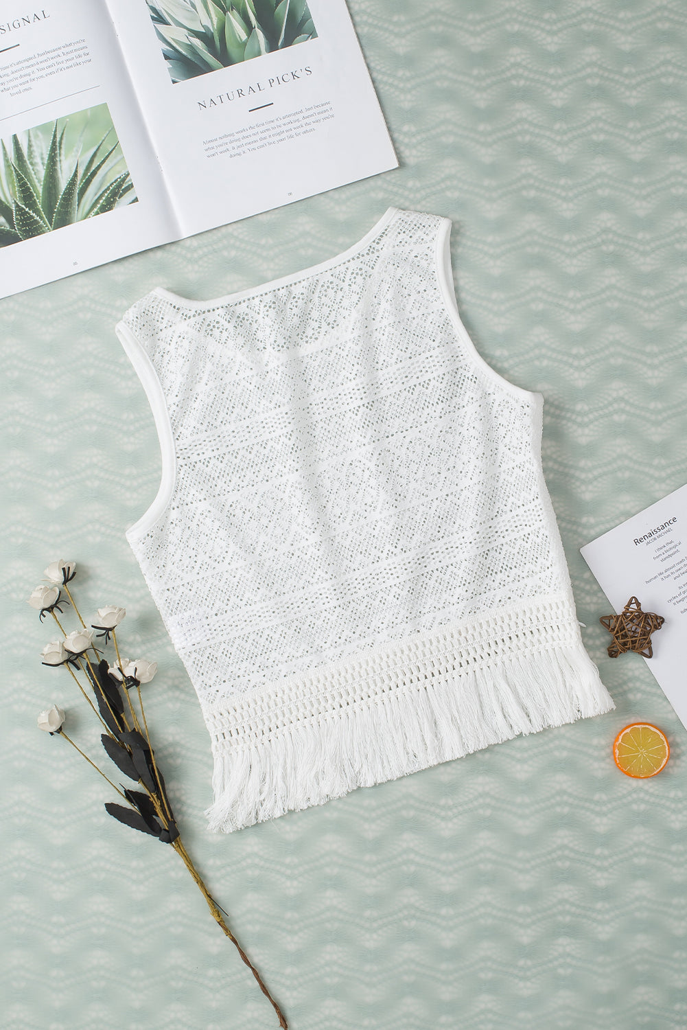 White Lace Crochet Hollow out Fringed Tank Top