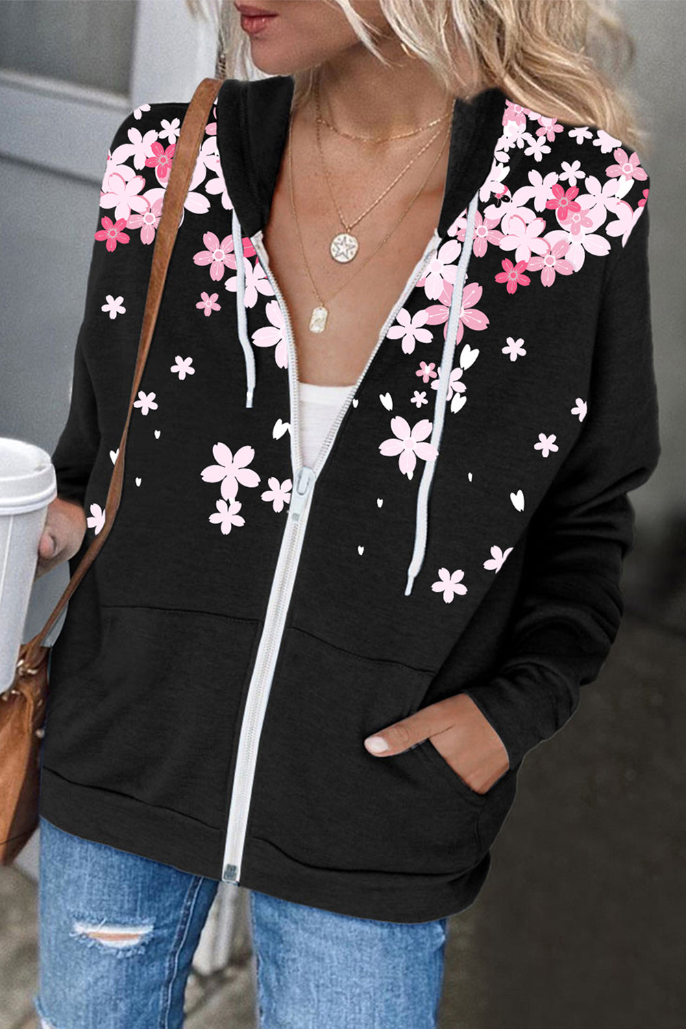 Black Cherry Blossoms Print Pocketed Zipped Hooded Coat