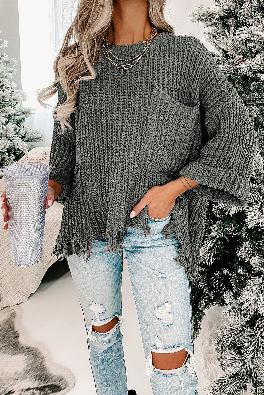 Gray Ripped Raw Hem Chunky Pullover Sweater