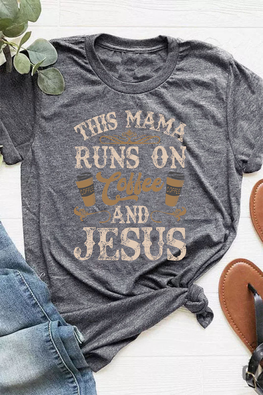Gray Coffee And Jesus Graphic T-Shirt