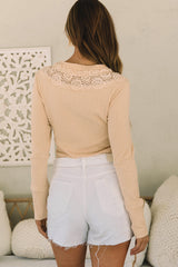 Apricot Lace Patchwork Ribbed Half Buttoned Bodysuit