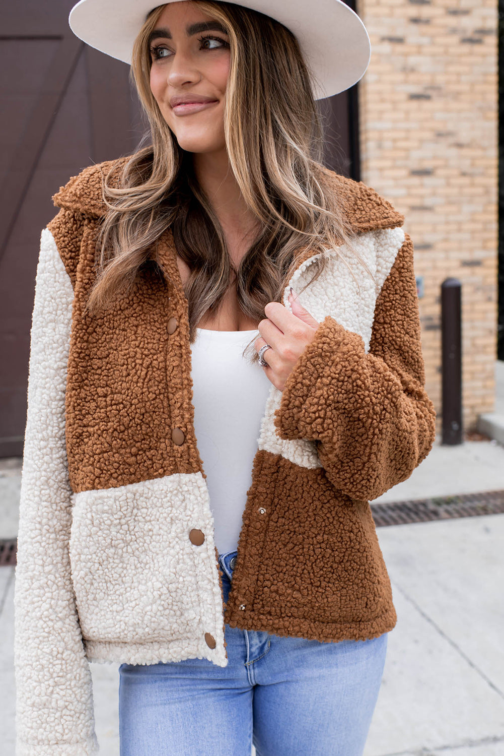 Brown Color Block Sherpa Button Up Jacket