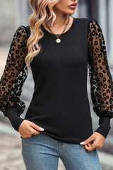 Black Leopard Mesh Puff Sleeve Patchwork Slim Fit Top