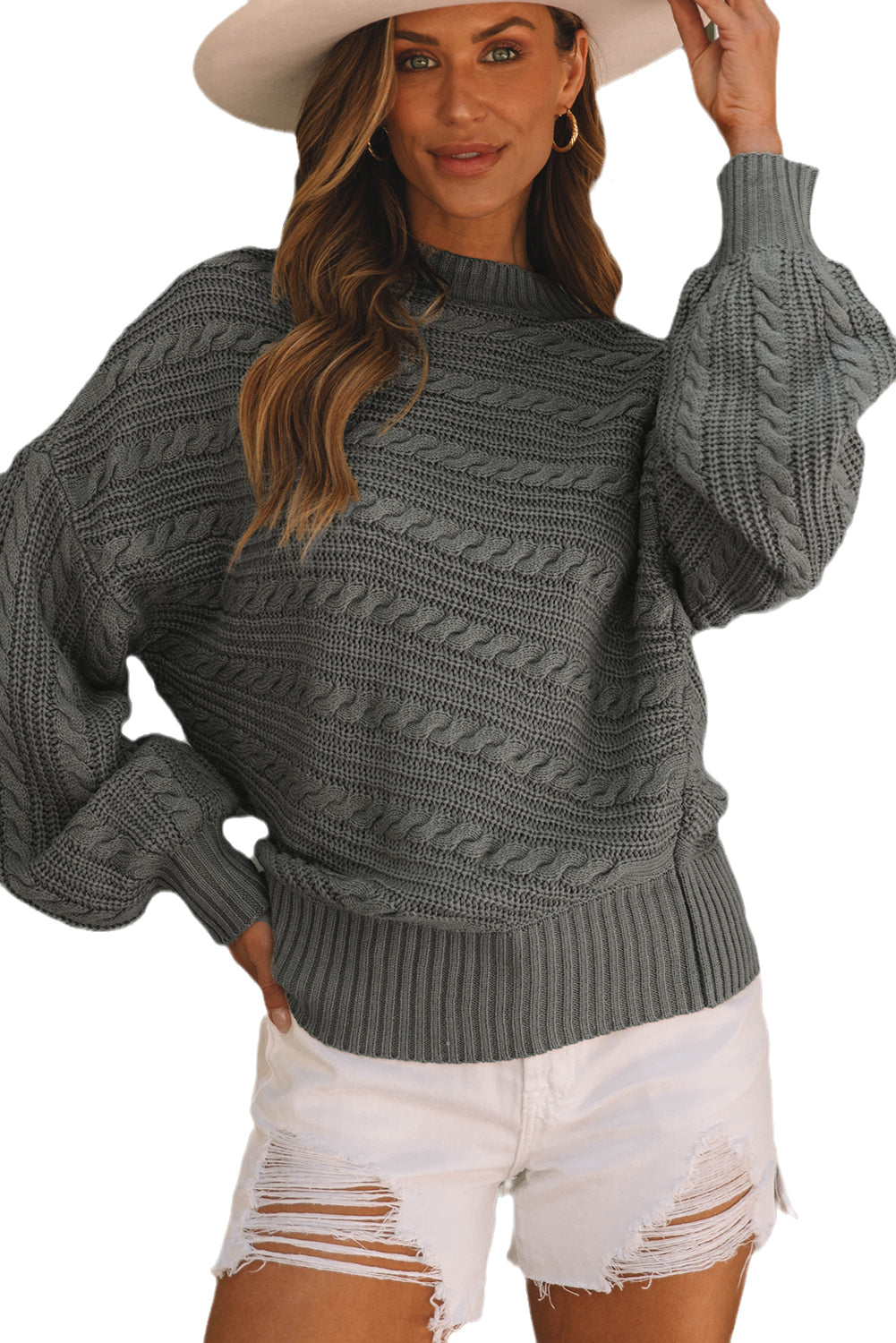 Gray Mock Neck Lantern Sleeve Cable Knit Sweater