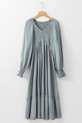 Blue Smocked V Neck Swiss Dot Ruffle Long Sleeve Dress