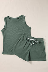 Mist Green Waffle Knit Patched Pocket Tank and Drawstring Shorts Set