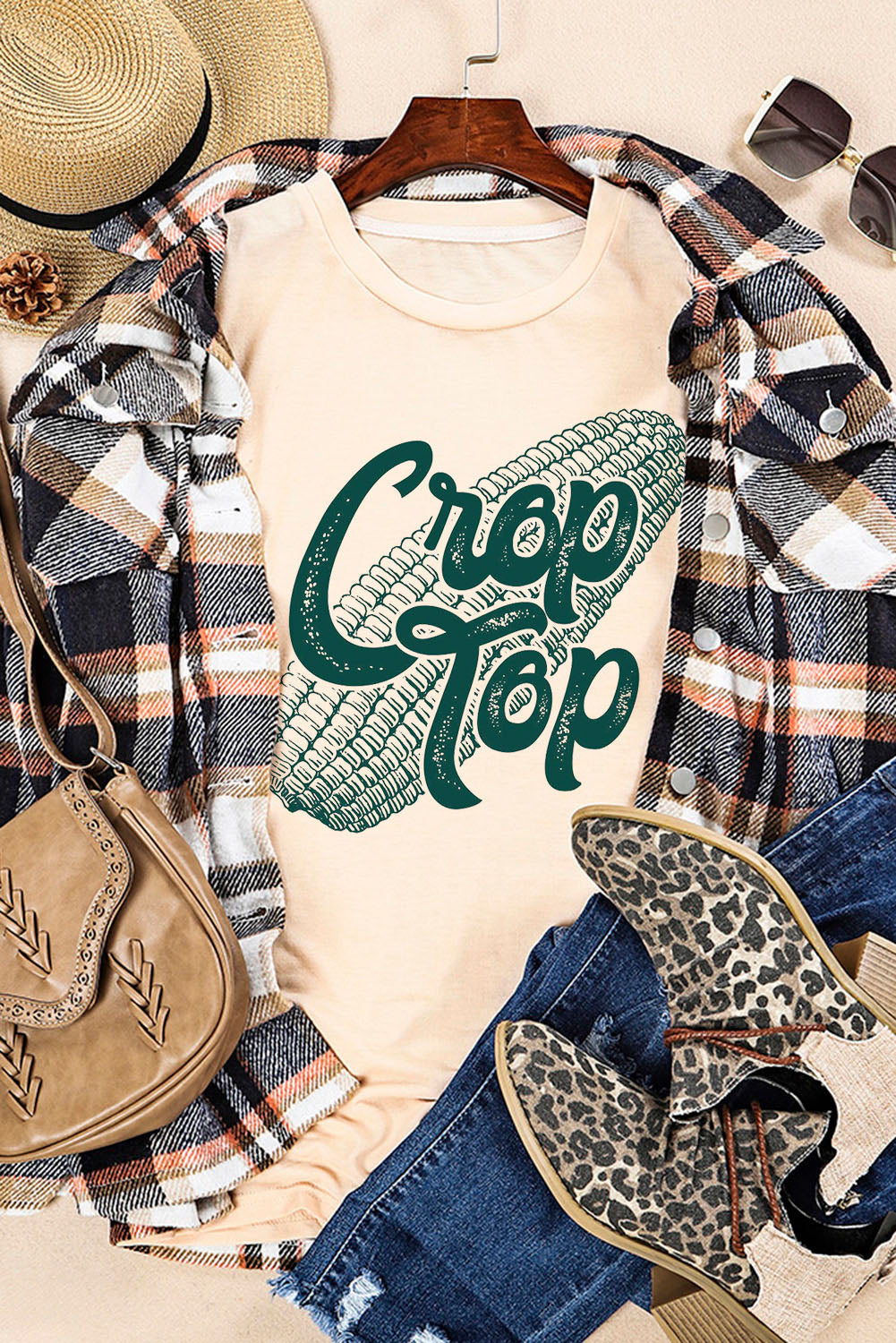 Khaki Corn Crop Top Graphic Tee