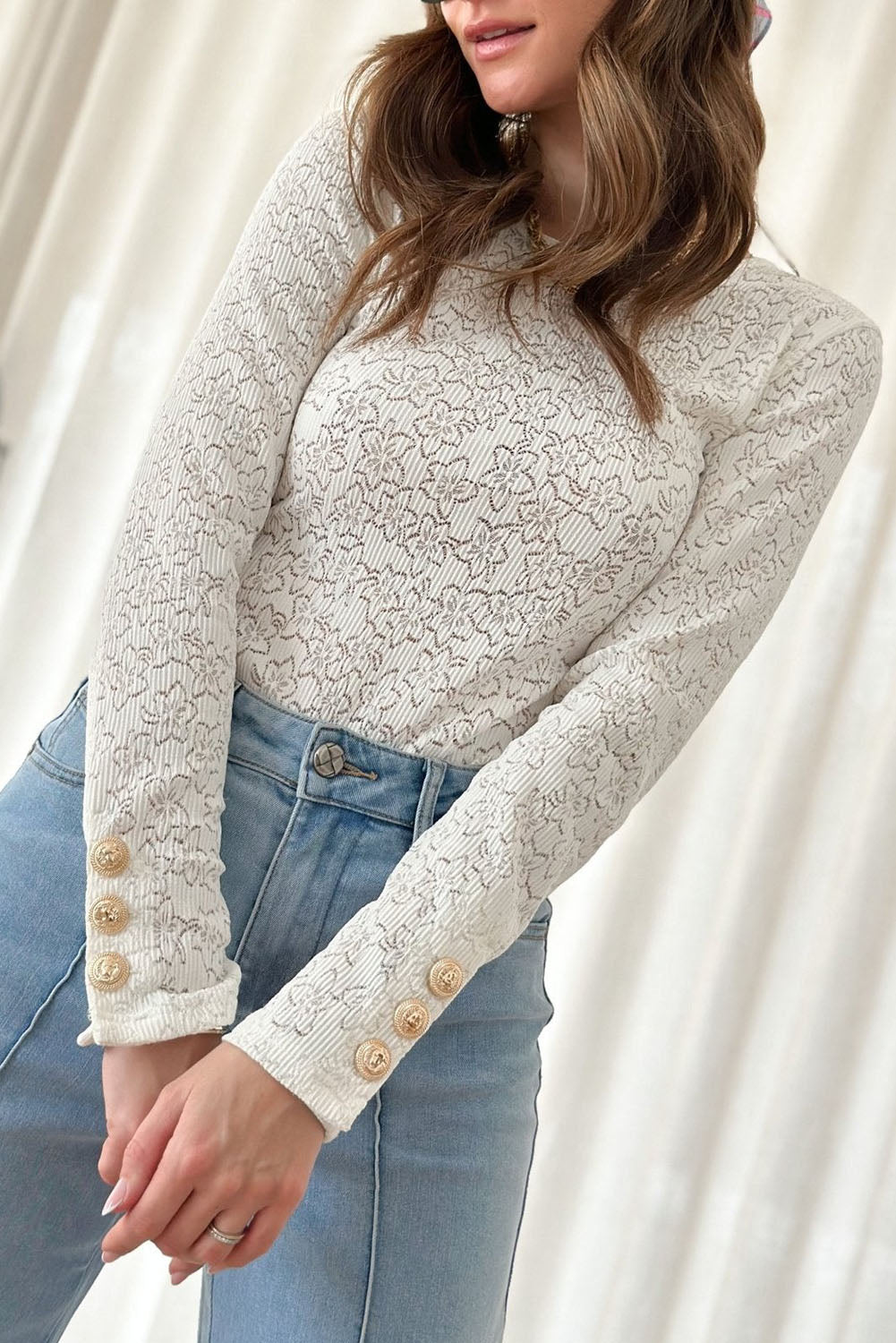 White Floral Lace Buttoned Long Sleeve Bodysuit