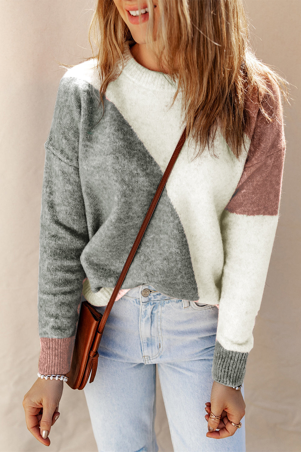 Gray Colorblock Ribbed Trim Round Neck Sweater