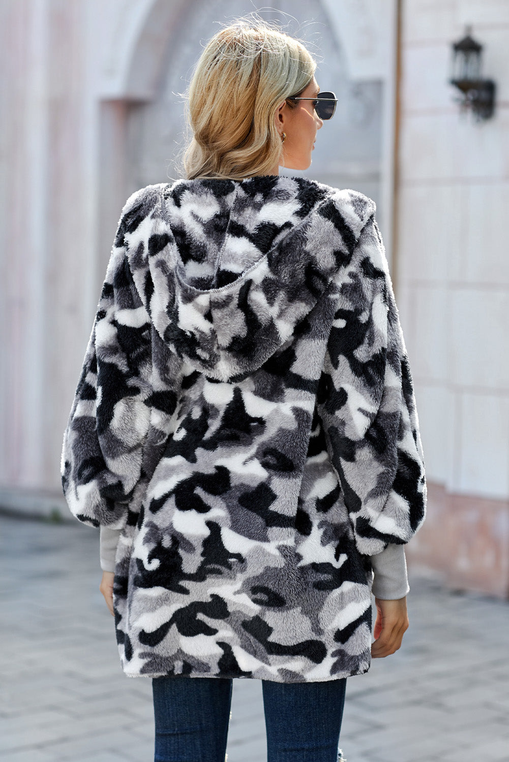 Gray Camo Print Soft Fleece Hooded Open Front Coat