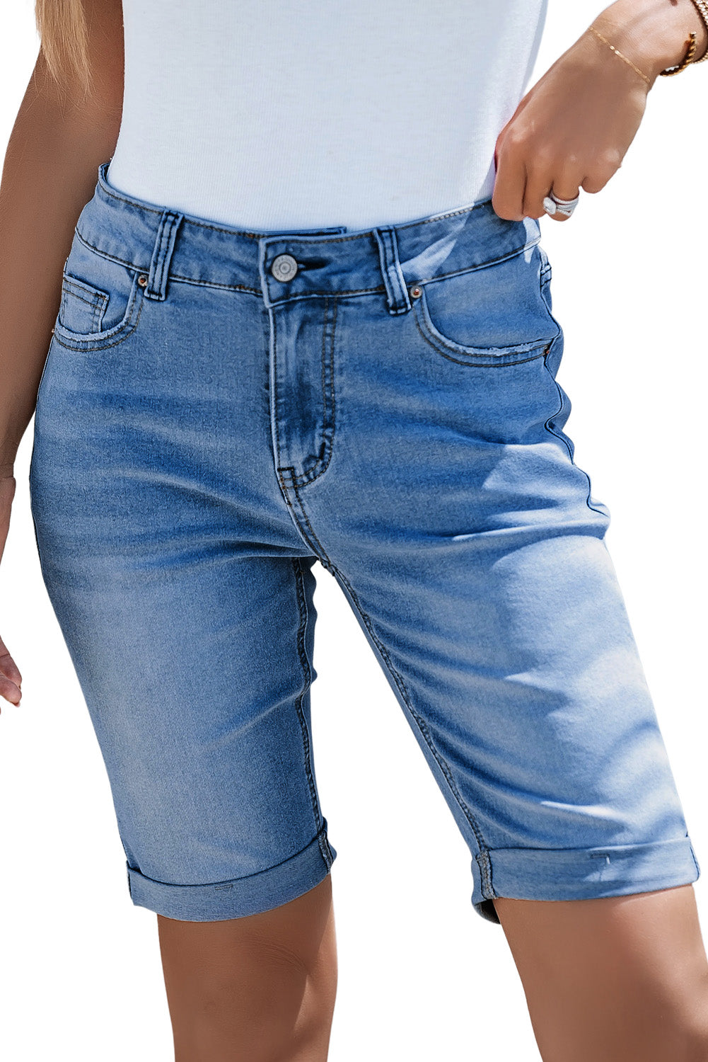 Sky Blue Acid Wash Roll-up Edge Bermuda Short Jeans