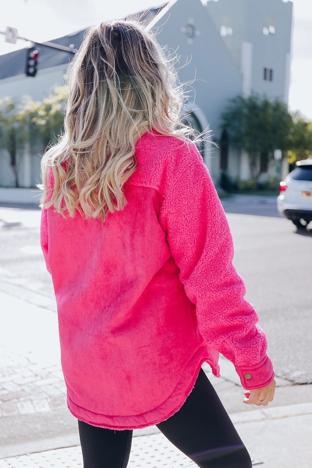 Bright Pink Faux Suede Sherpa Patchwork Button-up Shacket