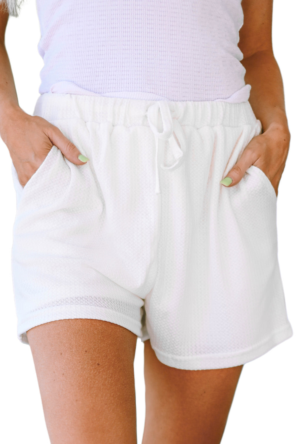 White Waffle Knit Lace-up High Waist Wide Leg Casual Shorts