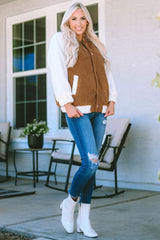 Brown Contrast White Sleeve Snap Button Sherpa Jacket
