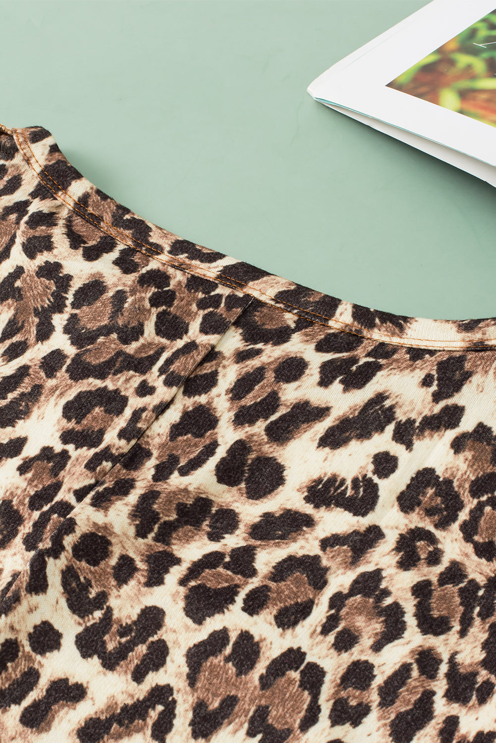 White Leopard Color Block Patchwork Split Neck Long Sleeve Top