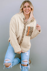 Apricot Leopard Patched Zipped Pocket Fleece Jacket